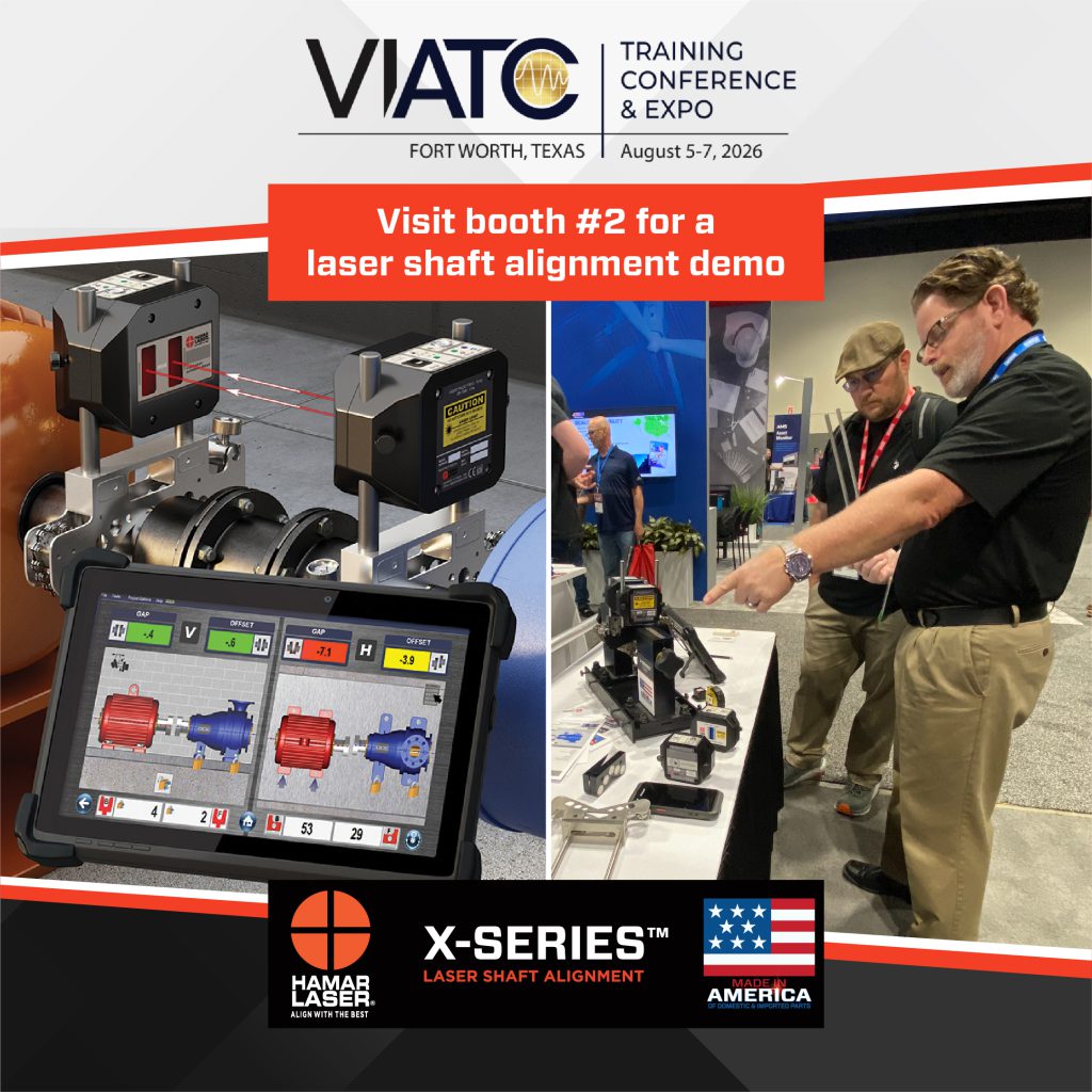 Graphic announcing Hamar Laser’s attendance at the Vibration Institute Training Conference & Expo in Fort Worth, Texas, August 5–7, 2026, with Booth #2 highlighted.