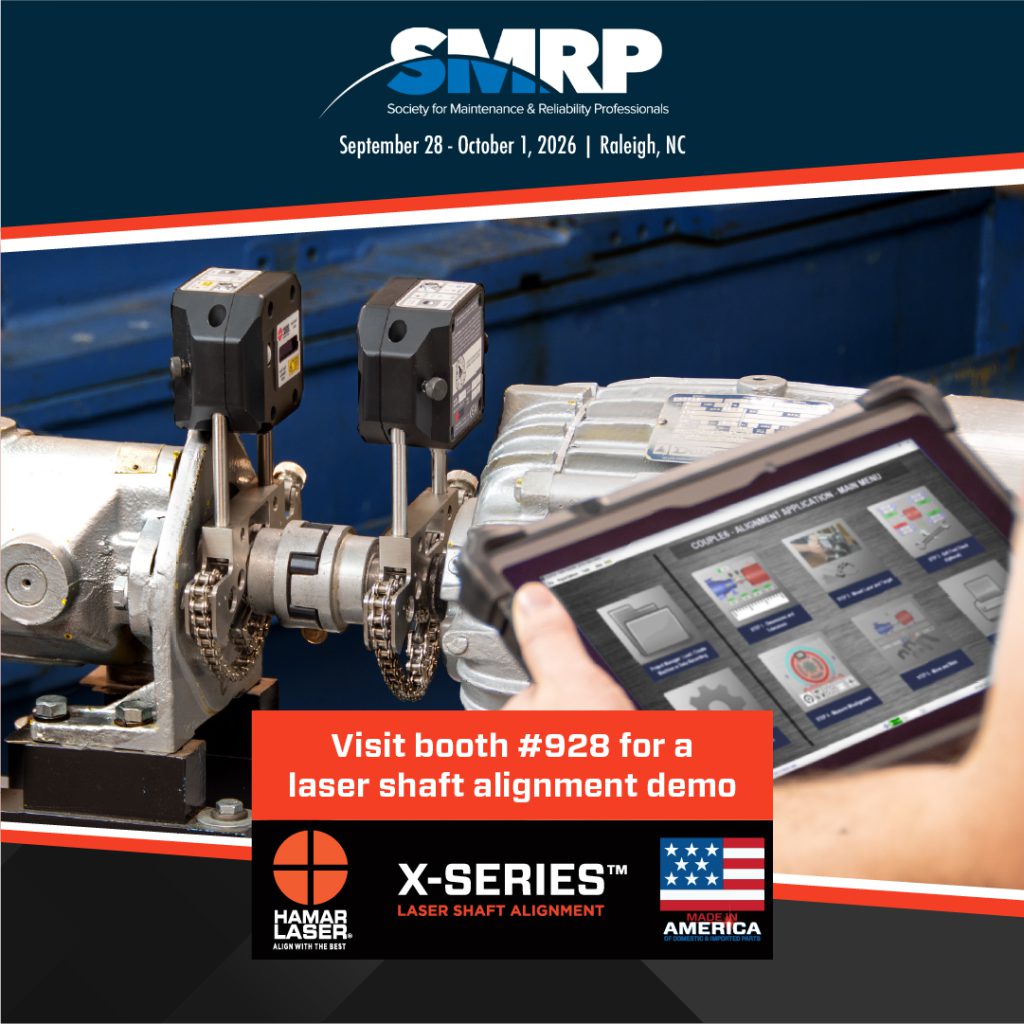 SMRP 2026 graphic featuring an X-Series™ laser shaft alignment setup. Hamar Laser will exhibit at Booth 928 during the 34th Annual SMRP Conference, September 28 through October 1 in Raleigh, North Carolina.